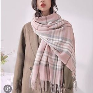 Love and Lore pink plaid blanket scarf with hit of burgandy 30” x 70”